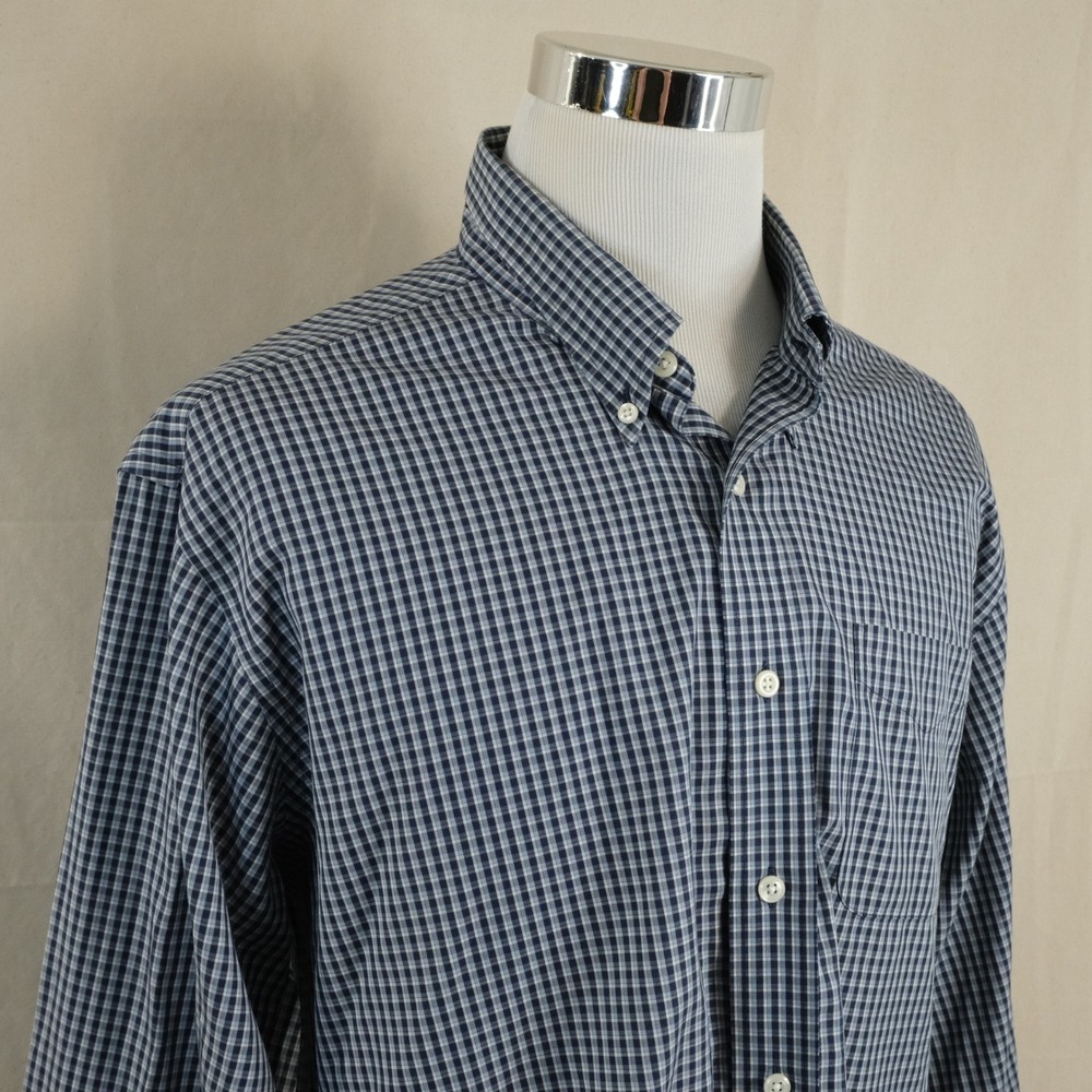LL Bean XL Regular Fit Button Down Shirt Blue Plaid Wrinkle Resistant Cotton